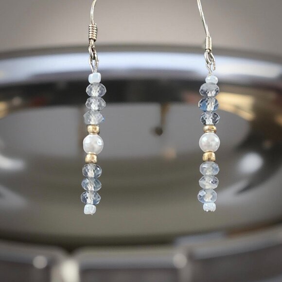 Dainty Labradorite & Pearl Earrings • Sterling Silver • Gold-Tone Accents - Picture 9 of 12